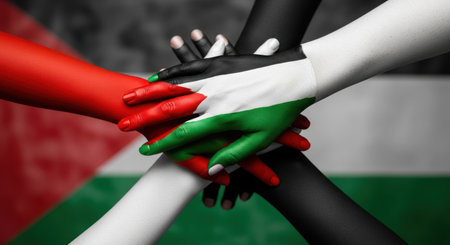 Four diverse hands, painted with the red, black, white, and green colors of the palestinian flag, are stacked together, symbolizing unity, solidarity, and support for palestine.の素材