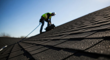 Dark asphalt roof shingles with a roofer in safety gear working on a residential roof under a clear blue sky. Focus on construction, repair, and home improvement.の素材