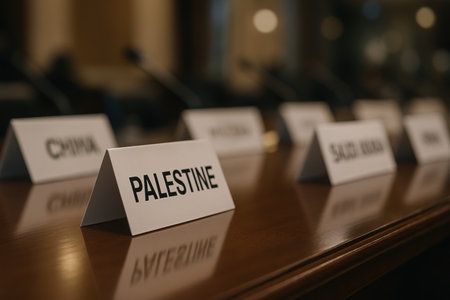 A close up view of a nameplate for palestine on a wooden conference table, with other blurred country nameplates in the background, symbolizing international diplomacy and global discussions.の素材