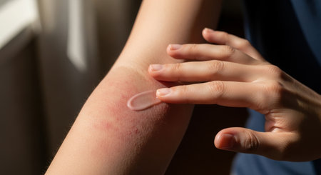 A close up of a woman arm showing red, irritated skin, possibly an allergy or rash. A hand applies soothing cream or ointment for relief and skin care.の素材