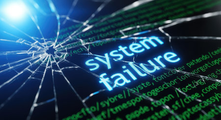 Shattered computer screen displaying system failure text with green code. Represents data loss, cyber attack, and technology breakdown.の素材
