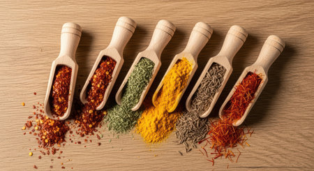 Six wooden scoops filled with a variety of colorful spices like chili flakes, turmeric, cumin, dried herbs, and saffron, arranged on a light wooden table. Essential cooking ingredients for flavor.の素材