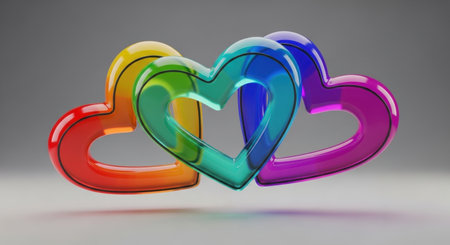 Three glossy, translucent heart shapes linked together, showcasing a vibrant rainbow gradient from red to violet. This symbolizes love, connection, and unity.の素材