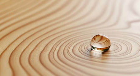 A clear water droplet rests on a light wooden surface, reflecting the intricate, swirling grain patterns that resemble natural ripples or a zen garden.の素材