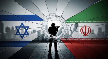 A soldier silhouette stands behind shattered glass with israel and iran flags, symbolizing geopolitical conflict and tension.の素材