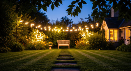 A magical illuminated backyard at dusk with string lights, a lush green lawn, stone path, and a cozy bench. A house with warm lights is visible in the background.の素材