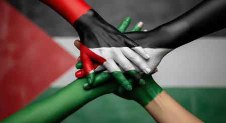 Four human hands are stacked together, each painted with a distinct color of the palestinian flag, red, black, white, and green. A blurred palestinian flag is in the background, symbolizing unity and solidarity.の素材