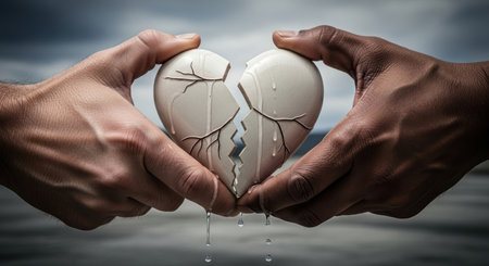 Two hands, one light and one dark, carefully hold a fractured white heart with liquid dripping. The scene conveys fragility and emotional pain.の素材