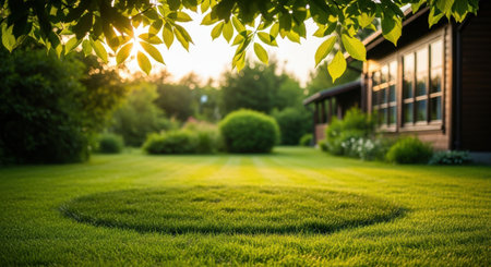 A vibrant lush green backyard at golden hour with sunlight filtering through tree leaves. Features a well maintained lawn, a house in the background, and natural landscaping.の素材