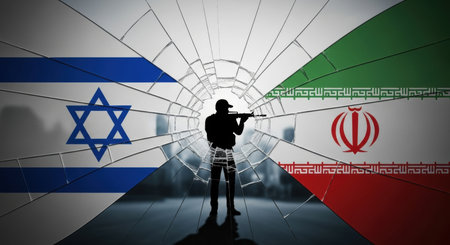 A silhouette of a soldier stands before a shattered glass pane, with the flags of israel and iran on either side, symbolizing geopolitical conflict and tension.の素材