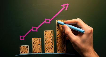 A hand uses blue chalk to draw a rising bar graph and a pink line graph with an upward arrow on a dark green chalkboard, symbolizing business growth and success.の素材