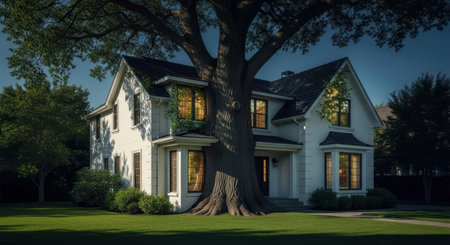 A beautiful white house with a large old tree integrated into its structure, standing on a lush green lawn at dusk. Warm light glows from the windows, creating a cozy and inviting atmosphere.の素材