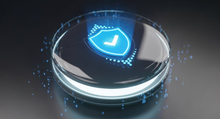 A glowing futuristic data core displays a holographic blue shield icon with a pulsing checkmark, symbolizing advanced digital security and data protection.の素材