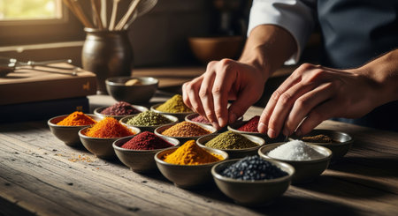 A close up of a chef hands meticulously arranging a variety of colorful spices in small bowls on a rustic wooden table. The scene highlights culinary preparation and fresh ingredients for cooking.の素材