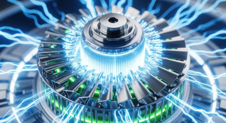 A close up of a futuristic engine with glowing blue energy and lightning arcs, metallic blades, and a central core. Represents advanced technology, power, and innovation.の素材