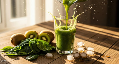 Green smoothie being poured into a glass, splashing, with fresh spinach leaves, kiwi fruits, and ice cubes on a wooden table. Healthy and refreshing drink concept.の素材
