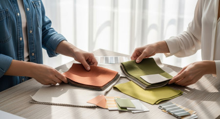 Close up of two pairs of hands examining fabric swatches and color palettes on a table. They are selecting materials for an interior design or home decoration project, focusing on texture and color matching.の素材