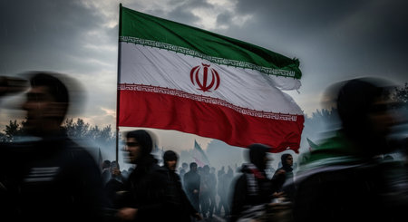 A large iranian flag with its national emblem and kufic script waves dramatically against a cloudy sky, with blurred figures of people in a crowd.の素材