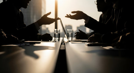 Silhouettes of businessmen in a meeting, discussing strategy at a table with a laptop and water glasses, backlit by a bright window. Focus on collaboration and corporate discussion.の素材