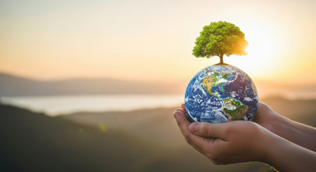 Cupped hands hold a miniature earth globe with a green tree growing from it, symbolizing environmental protection and sustainability. Set against a beautiful sunset or sunrise, representing hope for the future.の素材