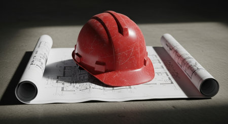 A red hard hat sits on rolled out architectural blueprints on a concrete surface, symbolizing construction, engineering, and safety in a professional setting.の素材