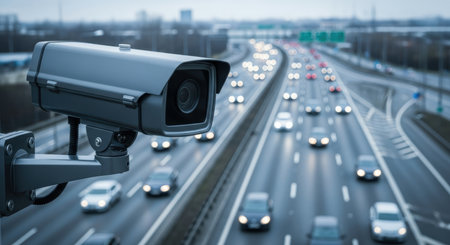 A dark grey cctv security camera monitors a busy multi lane highway with cars driving in both directions during dusk.の素材