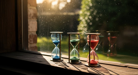 Three colorful hourglasses with blue, green, and red sand stand on a wooden window sill, illuminated by warm sunlight. The scene suggests the concept of time passing.の素材