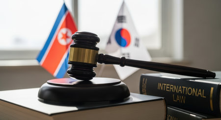 A judge gavel rests on law books, including international law, with north korea and south korea flags in the background. Symbolizes international justice and diplomacy.の素材