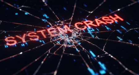 A shattered digital screen displays glowing red system crash text, symbolizing technology failure, data error, or a cyber security breach.の素材