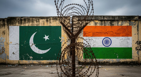 Flags of pakistan and india painted on a weathered wall, separated by barbed wire, symbolizing border conflict and political tension between the two nations.の素材
