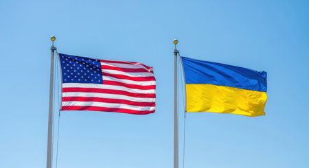 The national flags of the united states of america and ukraine are displayed side by side on flagpoles, waving against a clear blue sky, symbolizing international relations and cooperation.の素材