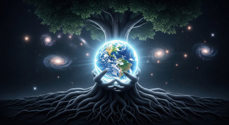 A majestic ancient tree with extensive roots cradling a glowing earth globe under a dark night sky with stars and galaxies. Symbolizes nature, environmental protection, and cosmic connection.の素材