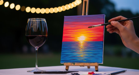 A close up of a hand painting a vibrant sunset over the ocean on a canvas, with a glass of red wine and art supplies on a table during an outdoor evening art class.の素材