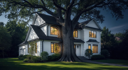 A large white house with glowing windows and a dark roof, framed by a massive old tree. The scene is set at dusk or night with a deep blue sky, creating a cozy and inviting residential atmosphere with a lush green lawn.の素材