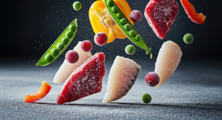 Frozen meat, fish, peas, bell pepper, and berries are captured mid air, covered in frost. This dynamic shot highlights quick, healthy meal ingredients.の素材
