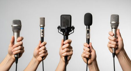 Five hands holding various professional microphones, symbolizing communication, media, news, interview, and public speaking. Ideal for broadcasting, podcasting, and recording concepts.の素材