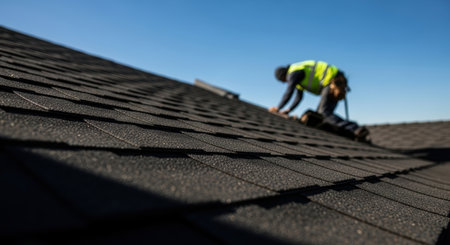 A professional roofer in a safety vest working on a dark asphalt shingle roof under a clear blue sky. Focus on the textured roof shingles.の素材