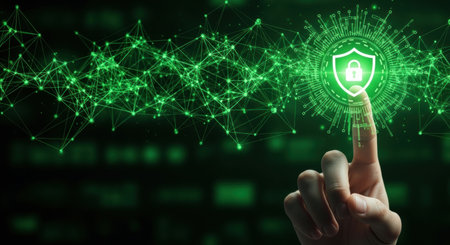 A human hand touches a glowing green shield icon with a padlock, symbolizing digital security and data protection within a network connection.の素材