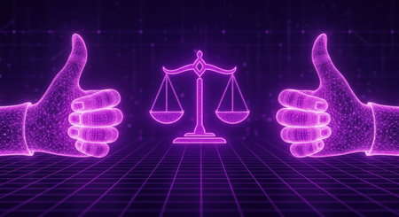 Digital scales of justice icon flanked by two wireframe thumbs up hands, glowing in purple on a futuristic grid background, symbolizing fairness and approval.の素材