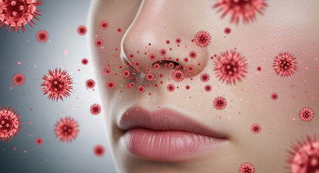 Close up of a human nose and mouth with red virus particles floating around, illustrating airborne infection and respiratory health risks.の素材