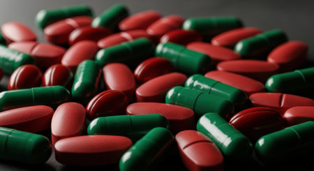 Numerous red and green pills and capsules are scattered on a dark surface, highlighting concepts of medicine, healthcare, and pharmaceutical treatment.の素材
