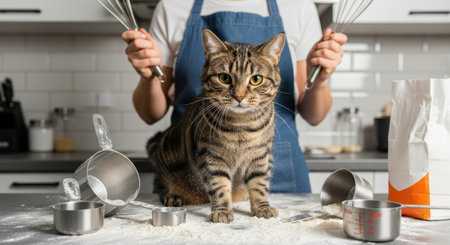 A tabby cat sits on a kitchen counter covered in flour with measuring cups, while a woman in an apron holds whisks in the background.の素材