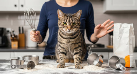 A tabby cat sits on a kitchen counter covered in flour, surrounded by measuring cups and a bag of flour. A person hands are visible behind the cat, one holding a whisk, suggesting a messy baking scene.の素材