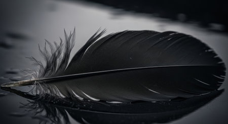 A detailed close up of a single black feather resting on a dark, reflective surface with subtle water droplets. It evokes a sense of mystery and nature.の素材