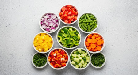 Nine white bowls filled with various chopped fresh vegetables and herbs, including bell peppers, tomatoes, onions, carrots, green beans, cucumber, and parsley, arranged on a light background.の素材