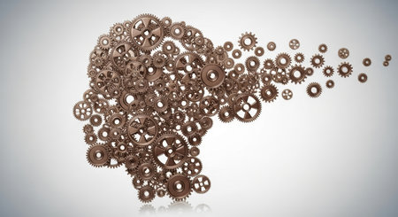 A conceptual digital illustration depicting the left facing profile silhouette of a human head formed by numerous interconnected gears, symbolizing thought, intelligence, and mechanical processes.の素材
