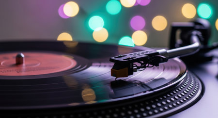 A close up shot of a vinyl record spinning on a turntable with a tonearm and stylus, set against a blurred background of colorful bokeh lights.の素材