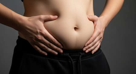 A woman hands pinch and hold excess belly fat on her midsection, highlighting issues of weight gain, obesity, and body image concerns.の素材