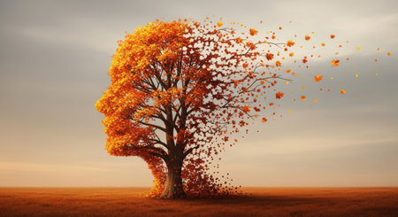 A conceptual illustration depicts an autumn tree forming a human head profile, with vibrant orange leaves dispersing into the air. It symbolizes mind, memory, and aging.の素材