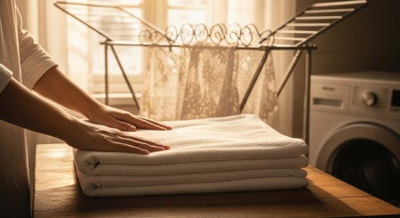Woman hands neatly folding a stack of clean white towels on a wooden table in a sunlit laundry room with a drying rack and washing machine in the background. Domestic chores and home organization concept.の素材